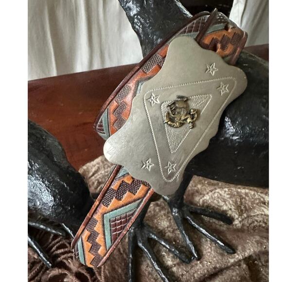 Vintage Horse Jockey belt western Native Belt Buckle cowboy Aztec 1”leather24,26 main image 15